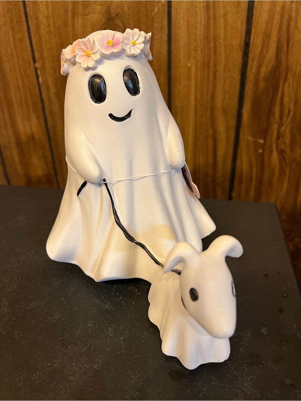 White Ghost with Flower Crown Halloween Figurine and Dog